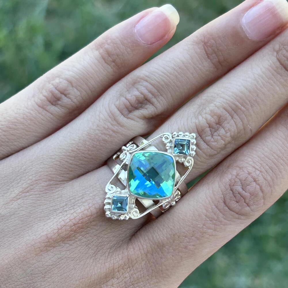 Genuine Caribbean Quartz and Blue Topaz Ring in 925 Sterling Silver by Sajen